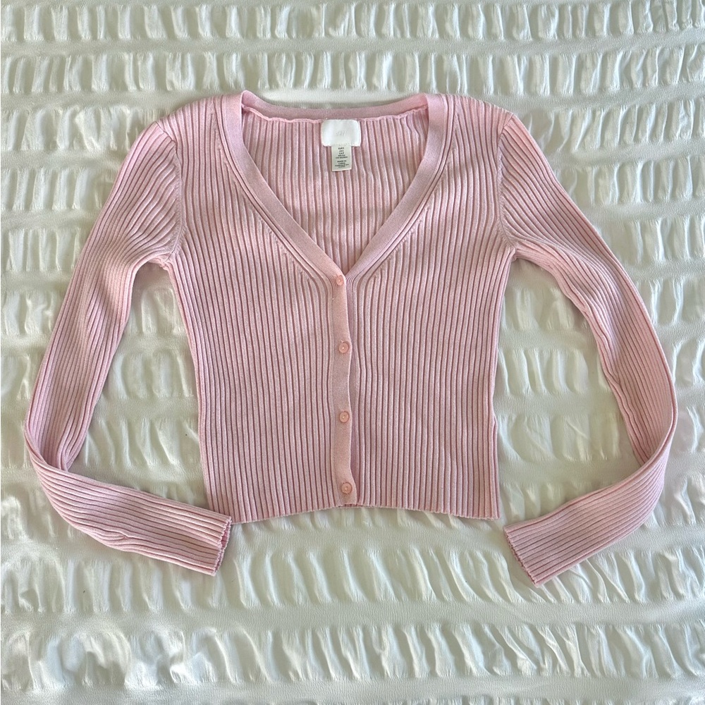 Pink Ribbed V-Neck Cardigan Sweater - Picture 2 of 2